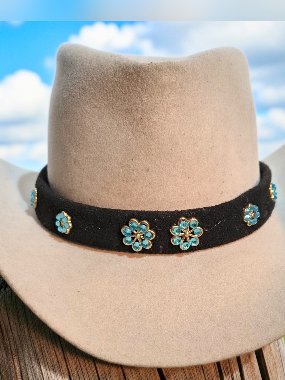 Southwestern Hat Band Head Band, Blue Floral Conchos With Rhinestones Adjustable